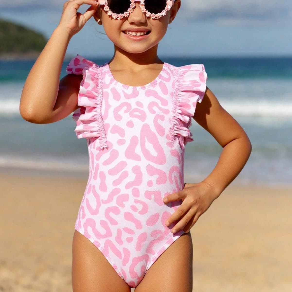Childrens Fashionable Printed Swimwear With Cute Lace Trim