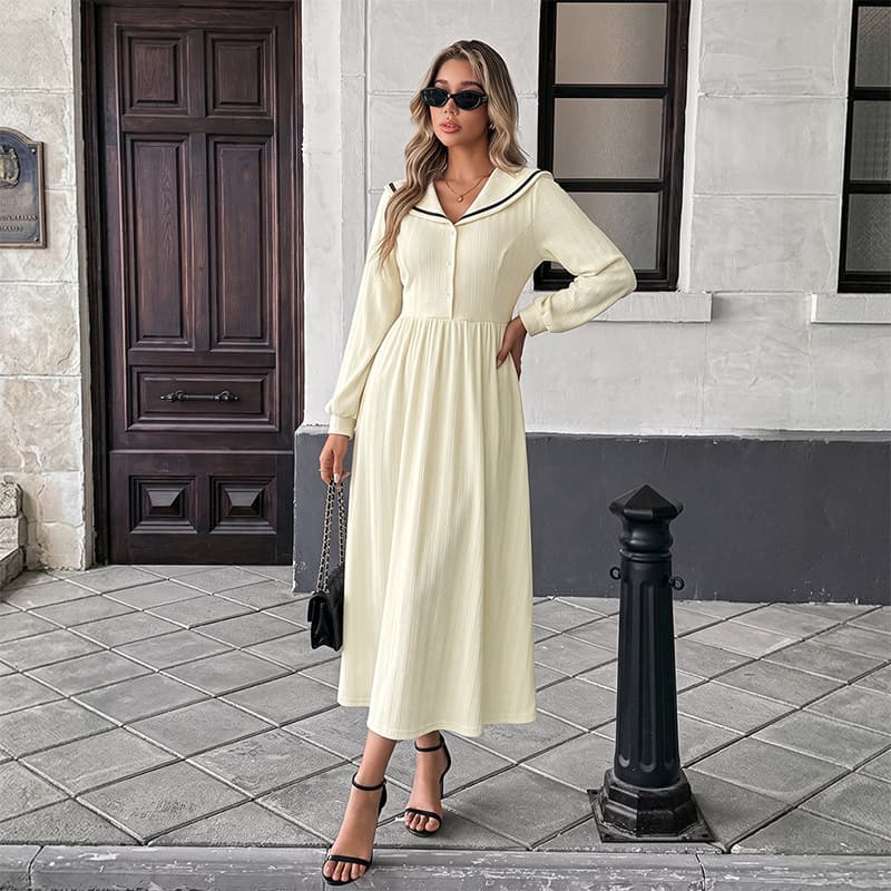 Navy Blue Contrast-color Belted Long-sleeve Dress