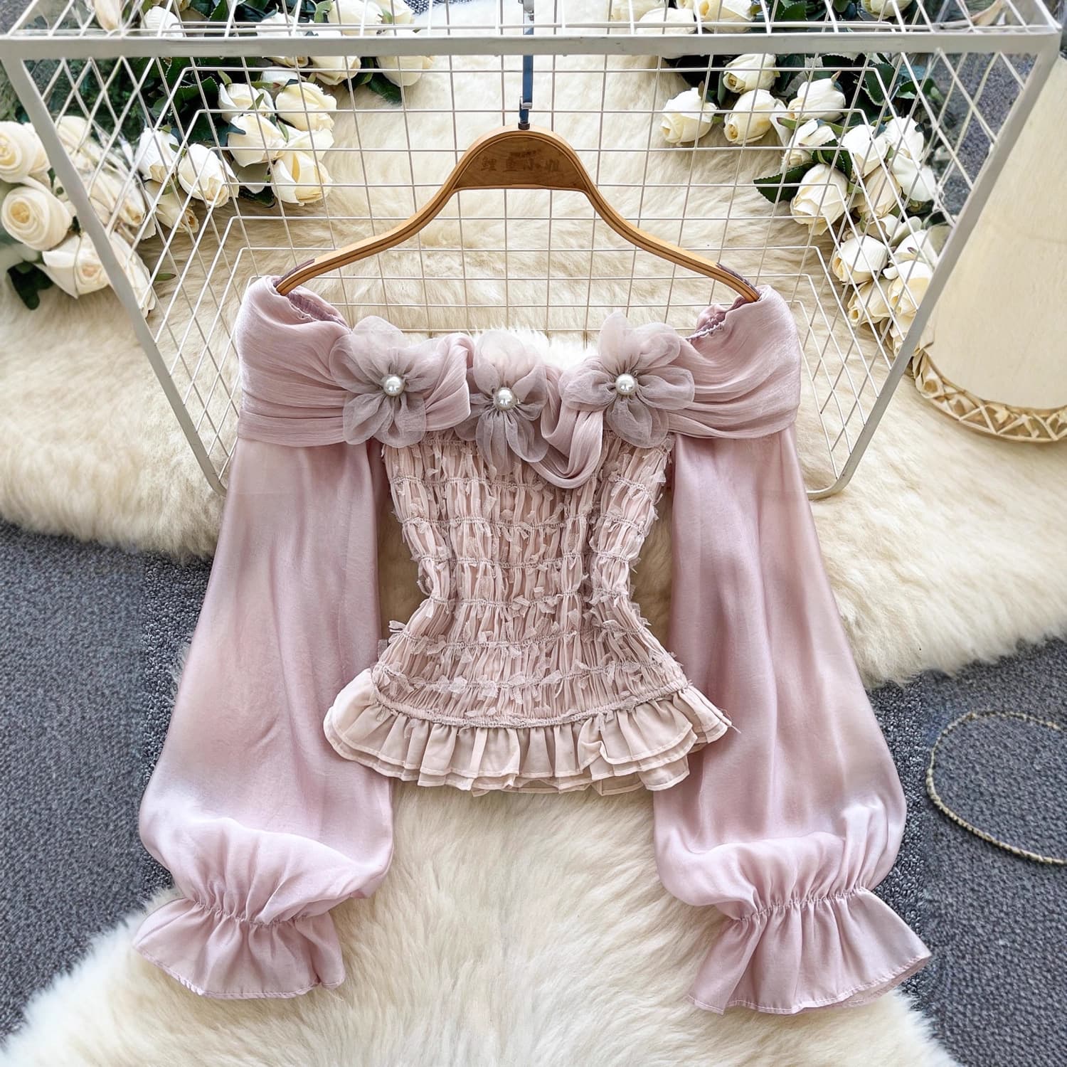 Womens Solid-color Off-shoulder Beaded-flower Flared-sleeve Blouse