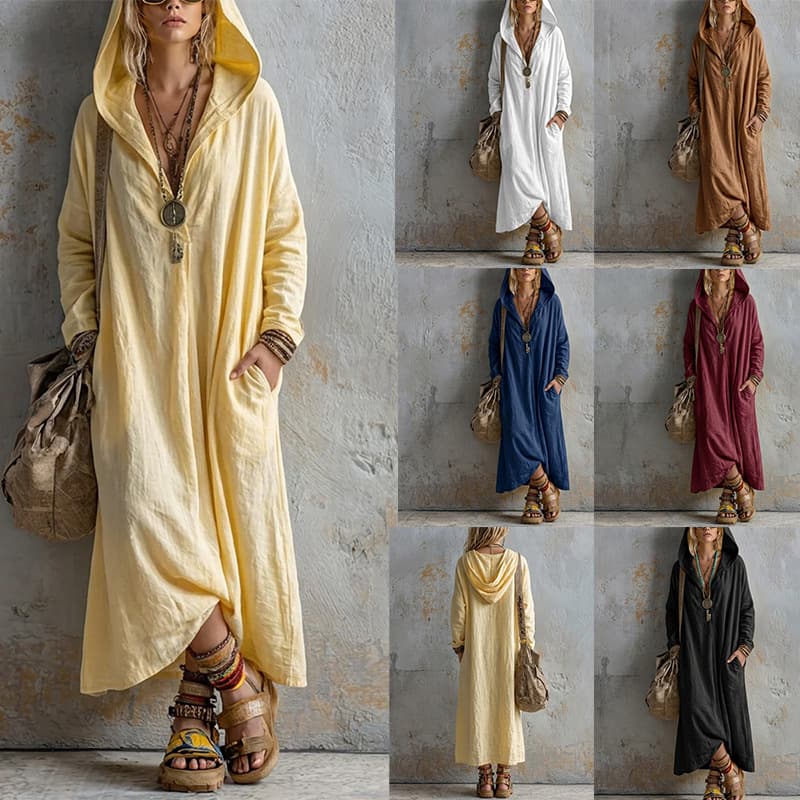 Autumn New Hooded Linen Long Dress With Long Sleeves