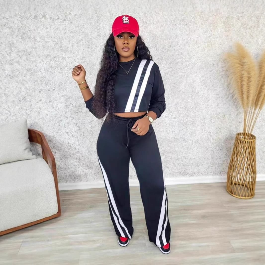 Womens Casual Sportswear Pants Womens Spliced Loose Straight-leg Wide-leg Trousers