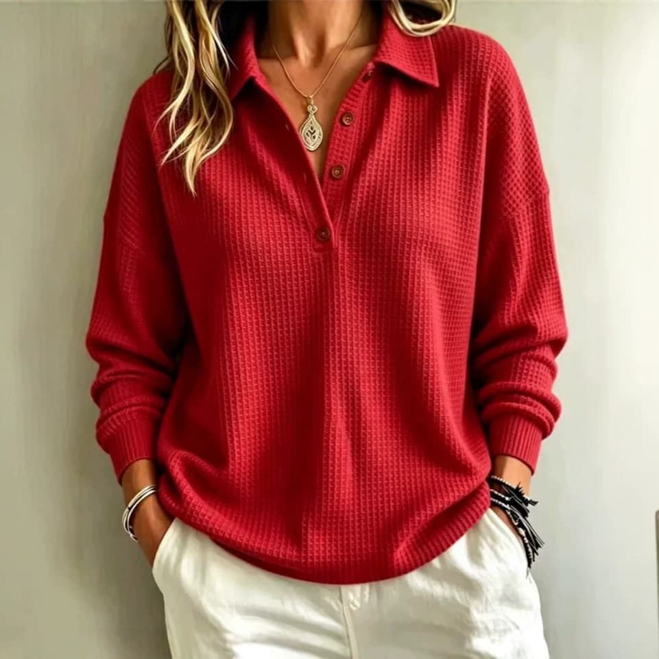 Buttoned Waffle-Textured Solid-Color Pullover Top For Women
