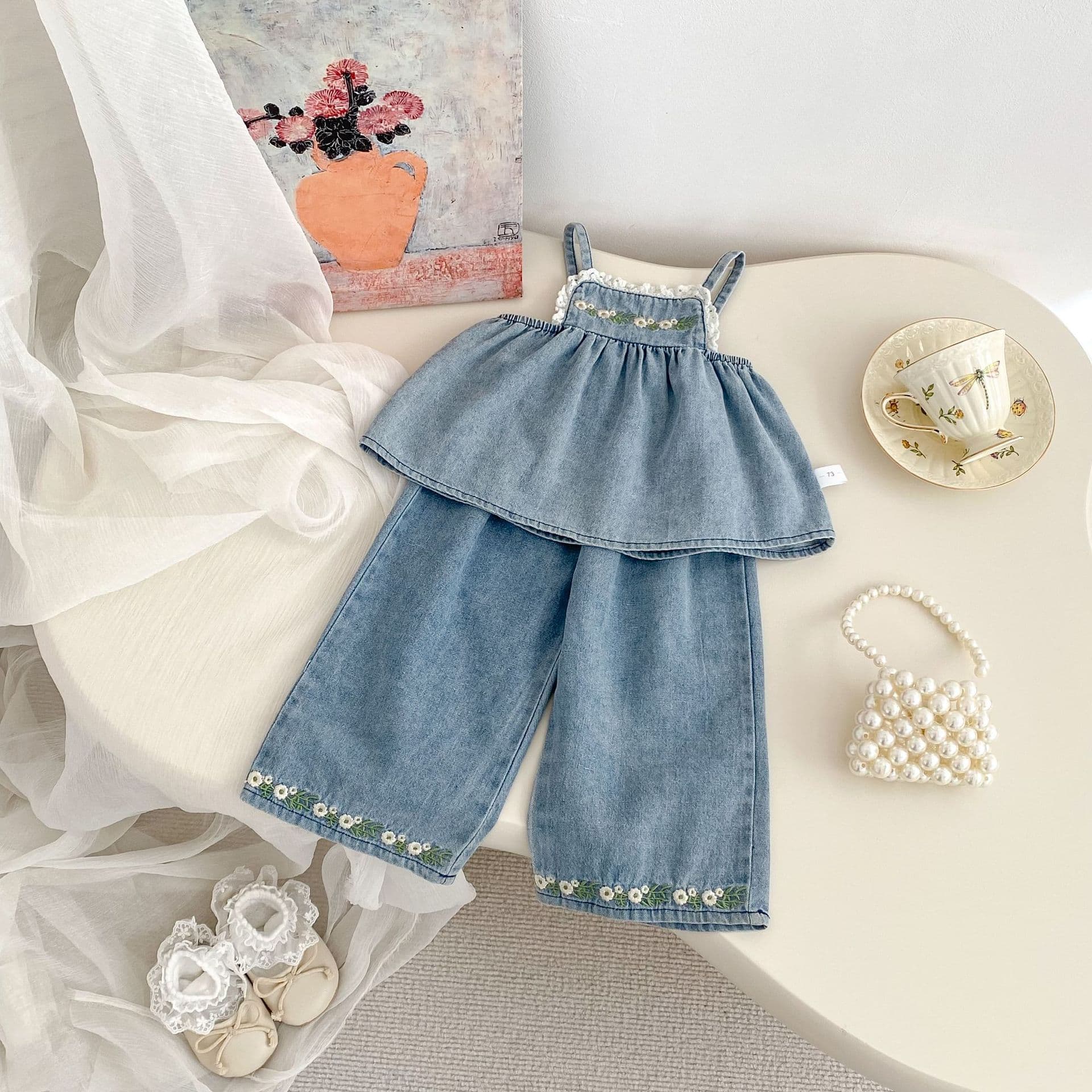 Embroidered Camisole And Wide-leg Pants Two-piece Set For Girls
