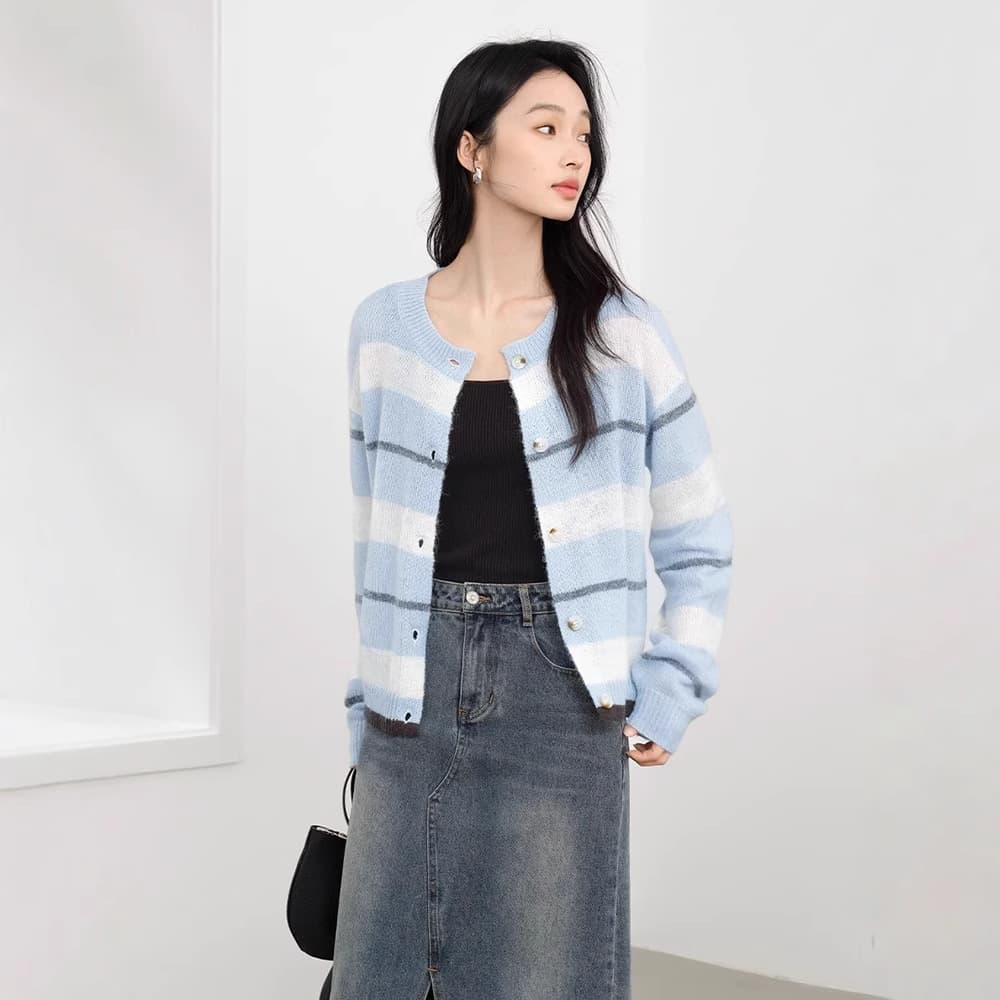 Womens Striped Knitted Cardigan Sweater Coat