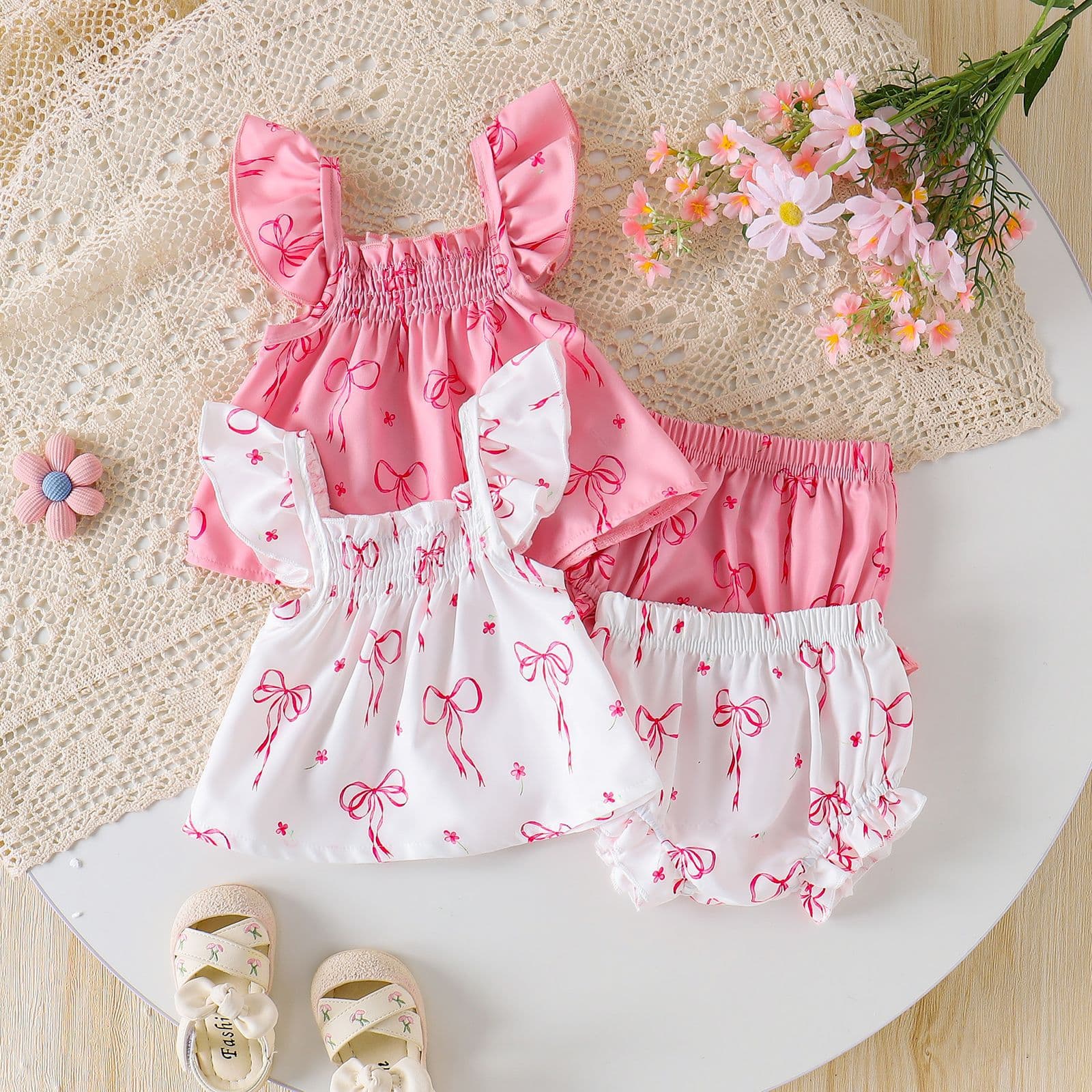Womens Loose Set With Puffed Sleeves Bow Tie And Floral Print