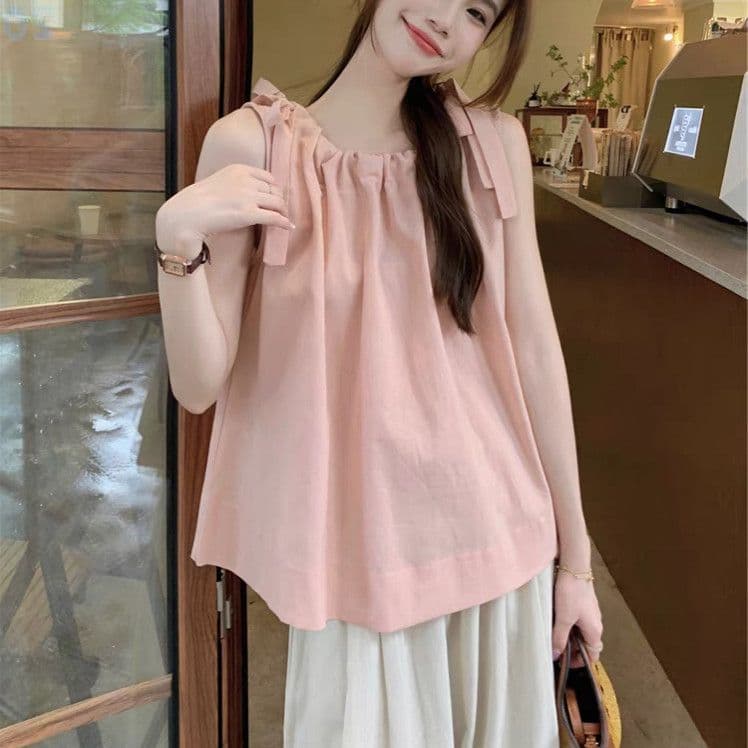 Minimalist Solid-color Drawstring Sleeveless Sports Top New Style