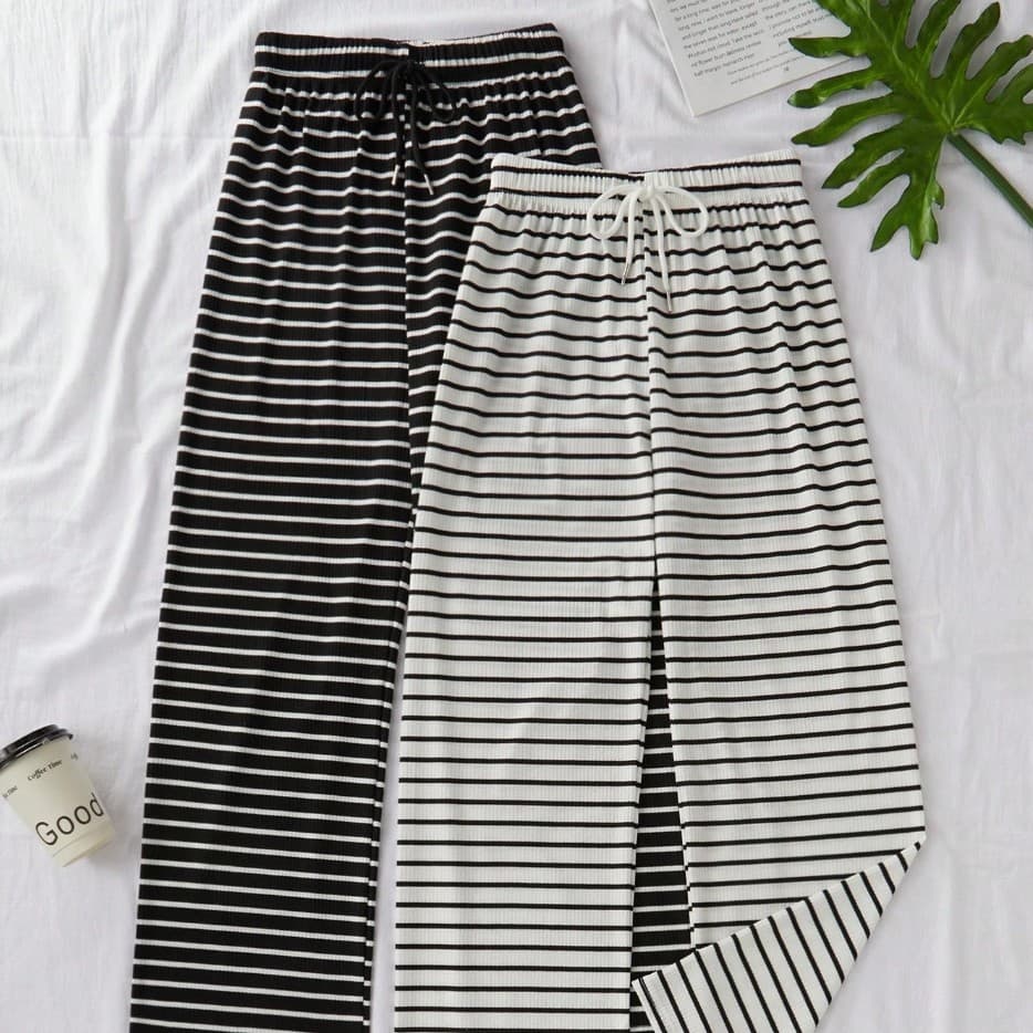 New Black And White Striped Casual Pants Womens Loungewear