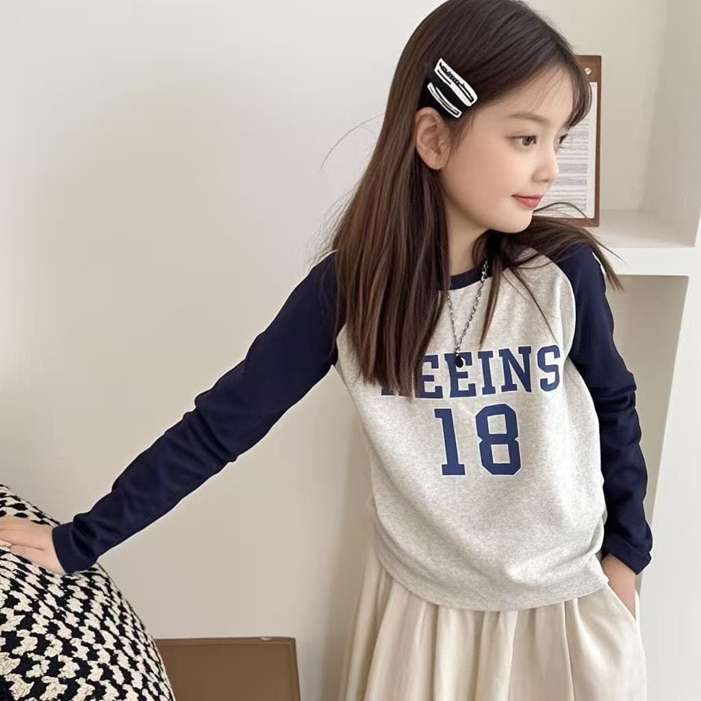 Girls' Cotton Top, Korean-Style Color-Block Raglan Long-Sleeve T-Shirt