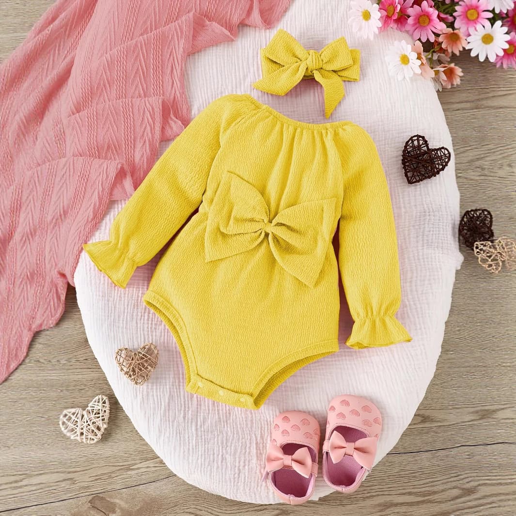 Sweet Bow-Knot Solid-Color Romper And Headband Two-Piece Set For Baby Girls