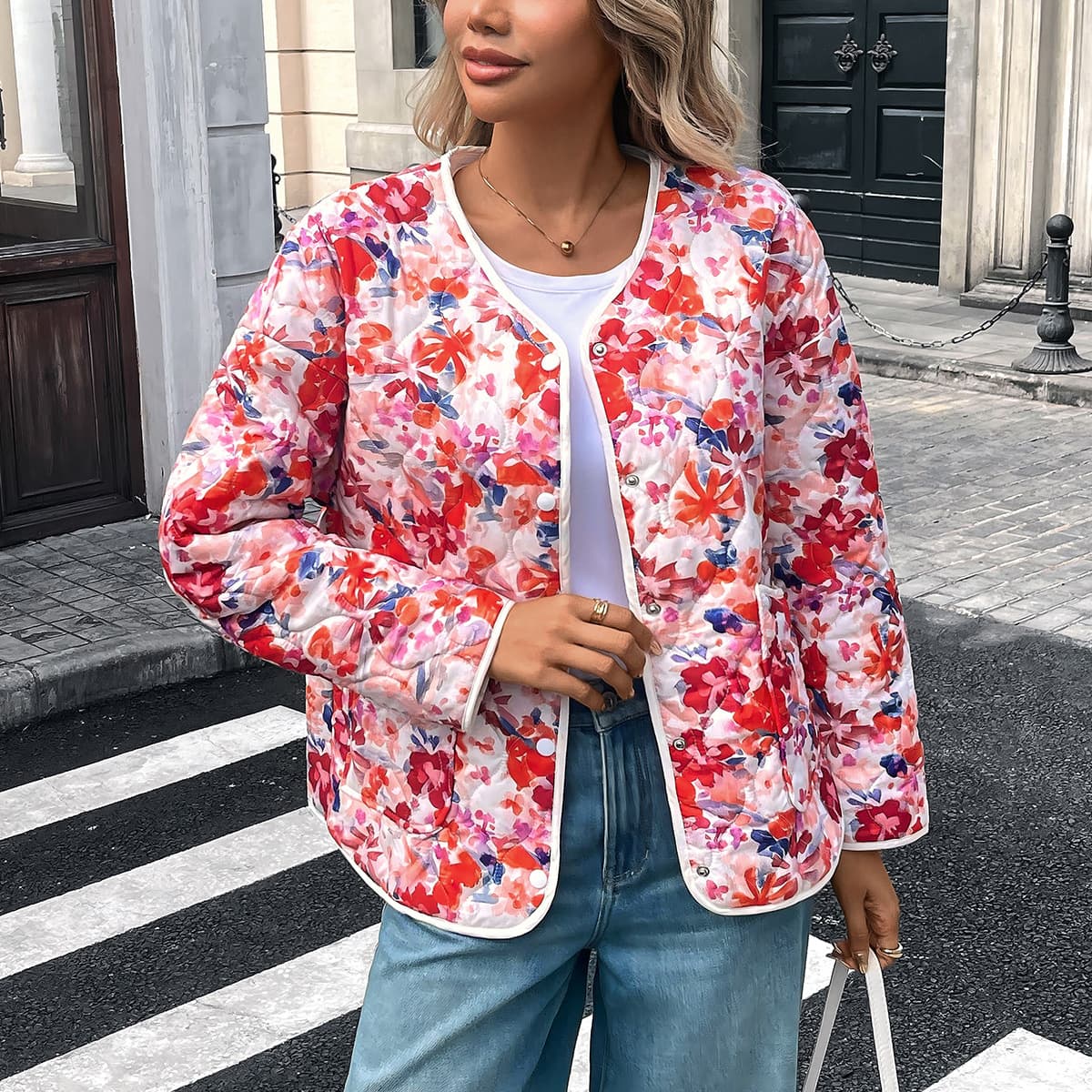 Single-breasted Pocketed Printed New-style Fashionable Relaxed-fit Long-sleeve Top