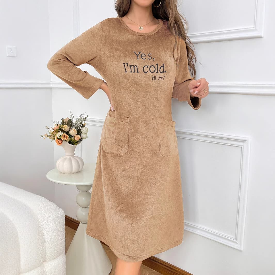 Warm Fleece Long-sleeve Womens House Dress Flannel Bathrobe With Belt