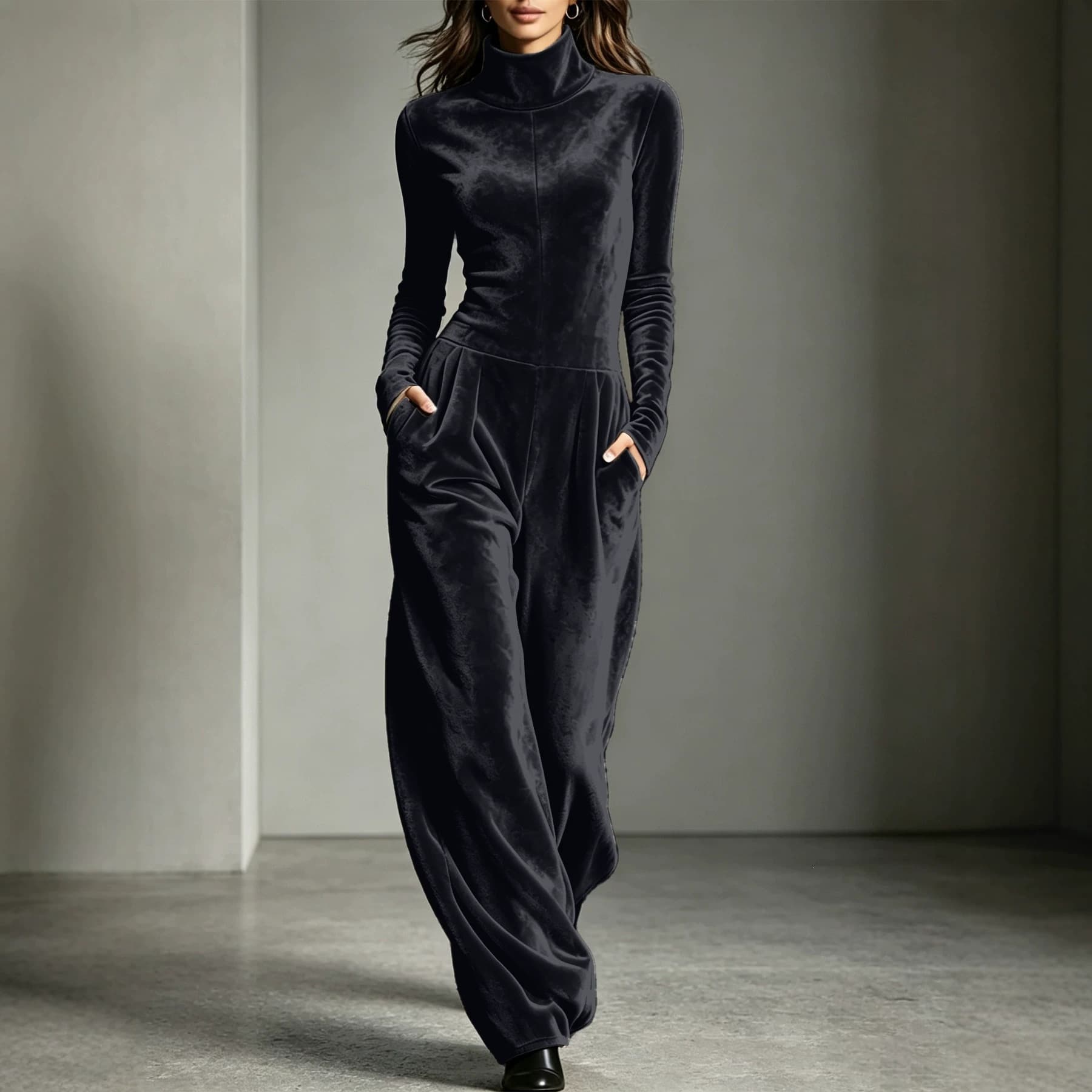 Womens Casual Turtleneck Solid-Color Long-Sleeve Jumpsuit