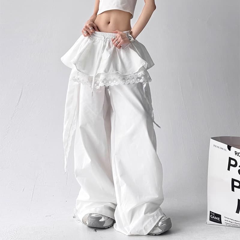 Womens Solid-color Versatile Layered Skirt-detail Workwear Casual Pants
