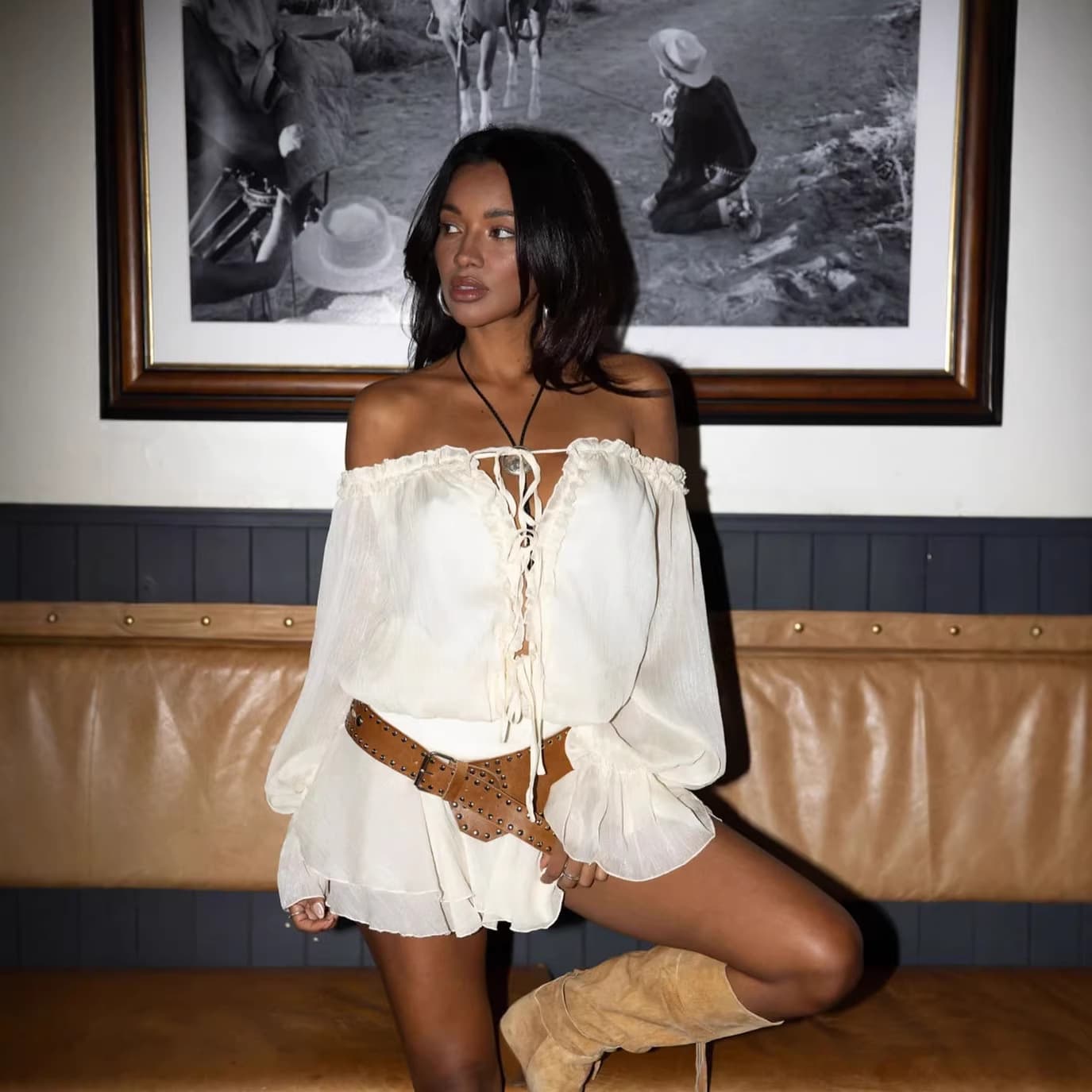 Womens Fashionable Retro Lace-up Ruffle-Trim Dress