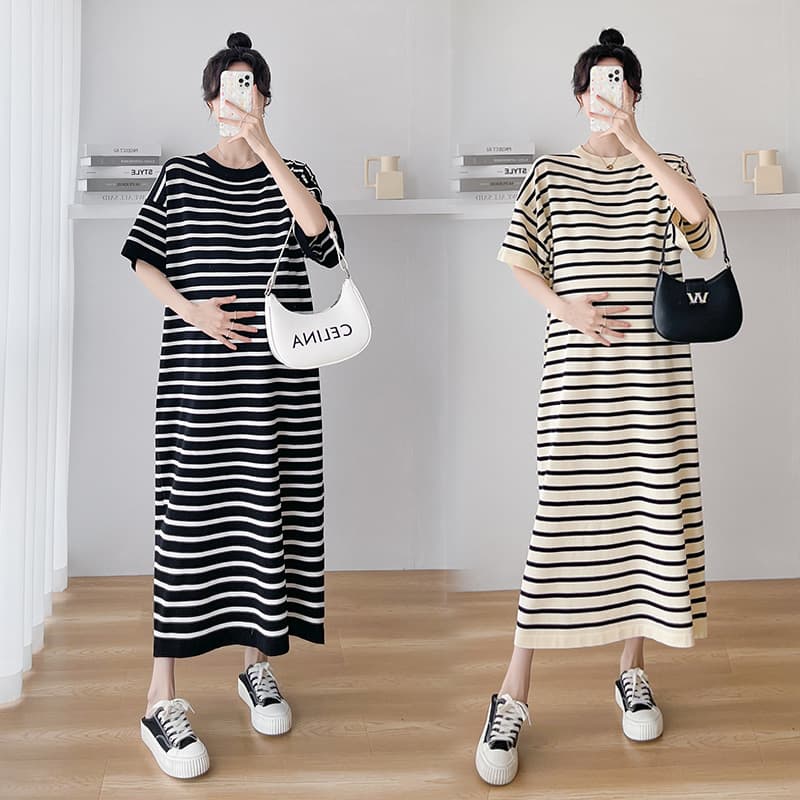 Maternity Short-sleeve Striped Midi Dress