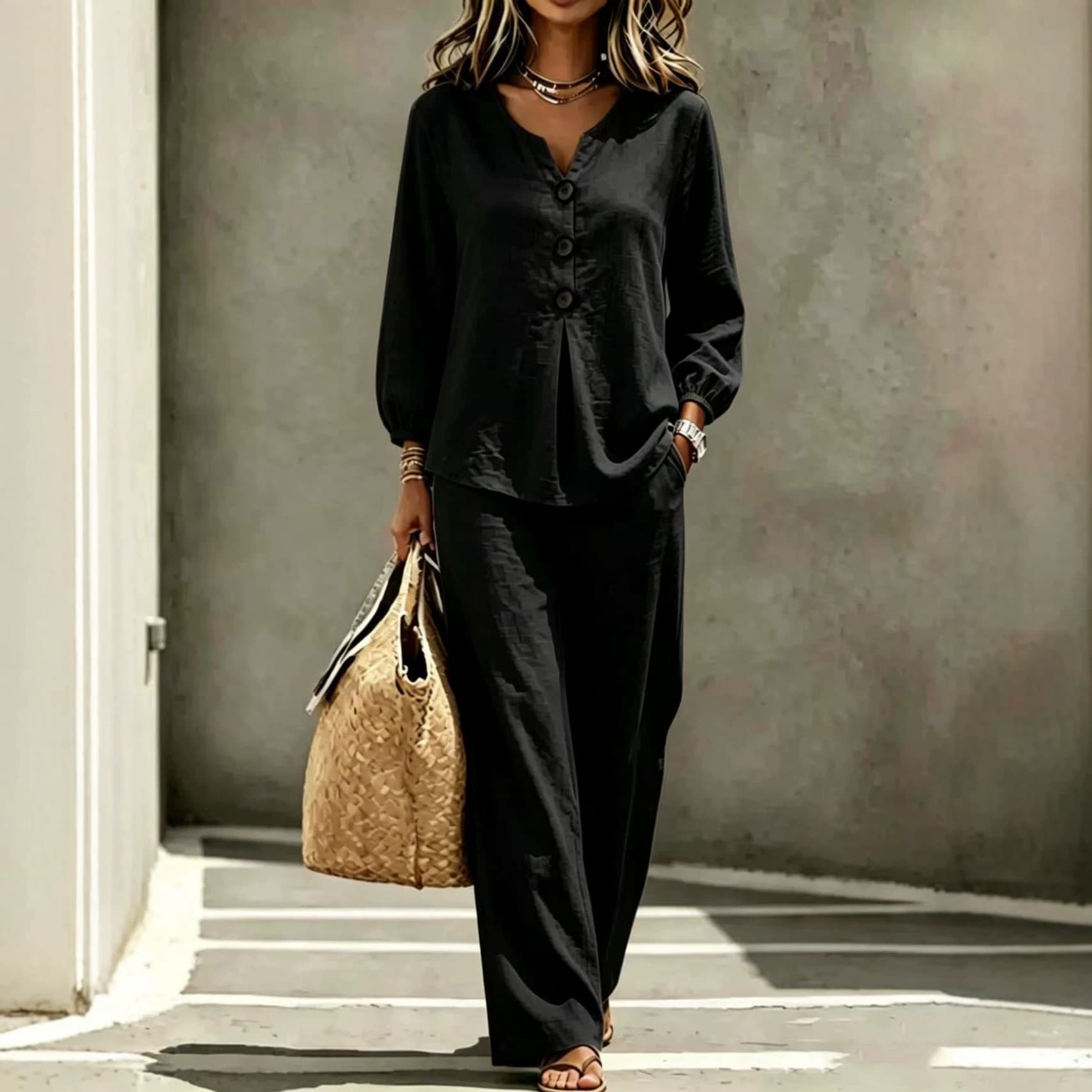 Women's New Casual Two-piece Top With V-neck Long Sleeved Pants