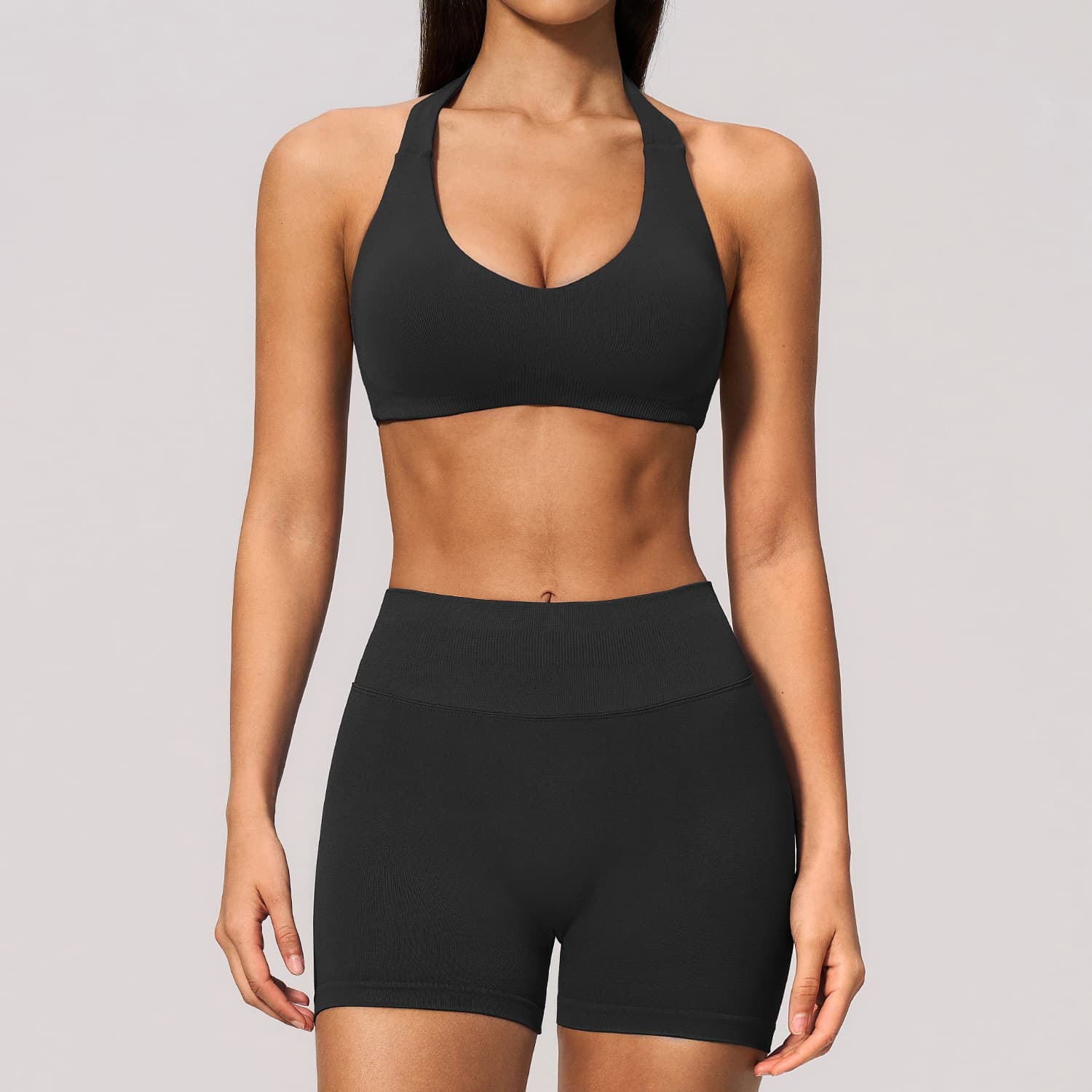 Halter-neck Back-beautifying High-waisted Tummy-control Shorts Set For Women