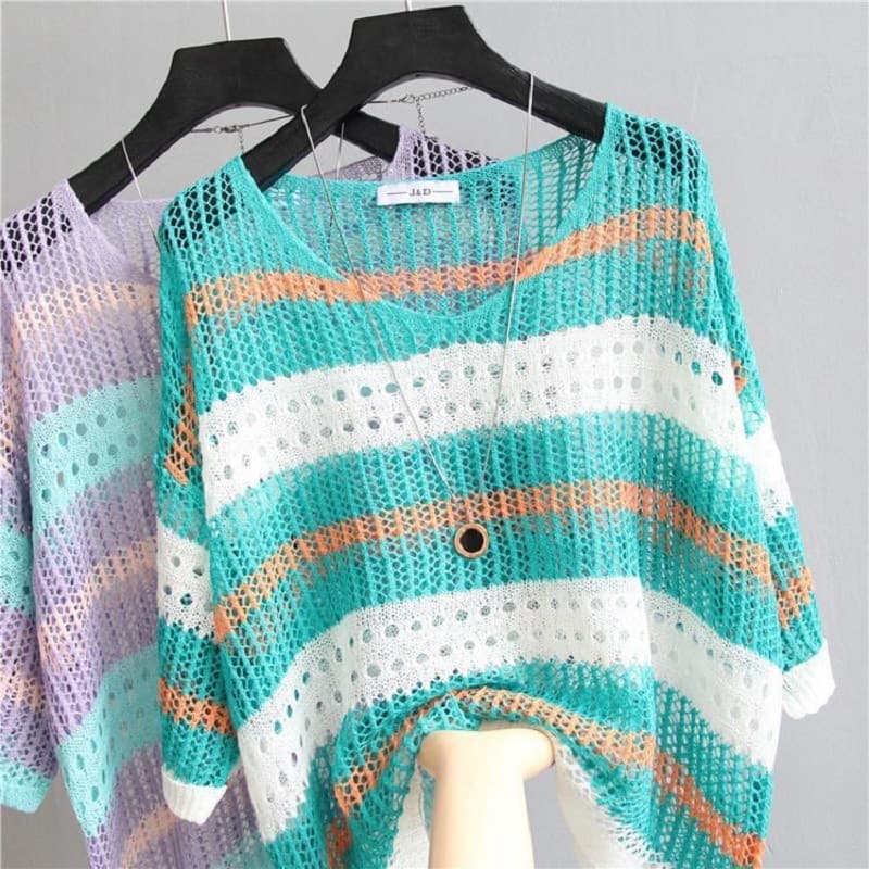 V-neck Hollow-Out Top Womens Summer Striped Short-Sleeve Fashionable Knit Sweater