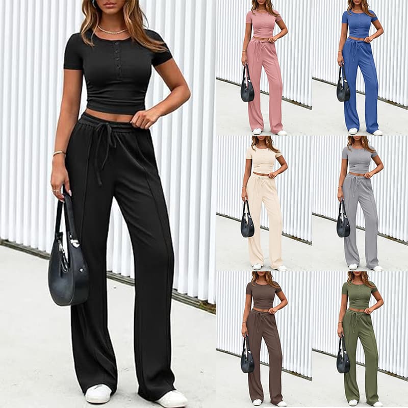 Solid-color Button-front Short-sleeve Top And Athletic Long Pants Casual Set