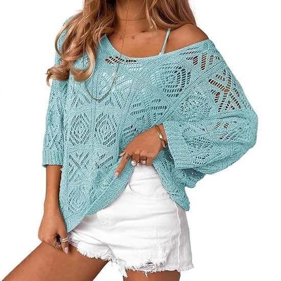 Crochet Hollowed-Out Three-Quarter-Sleeve Pullover Sweater