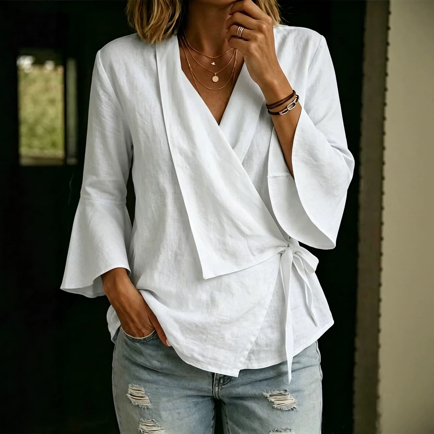 Notch Lapel Three-quarter Flared Sleeves Tie-detailed Asymmetrical Hem