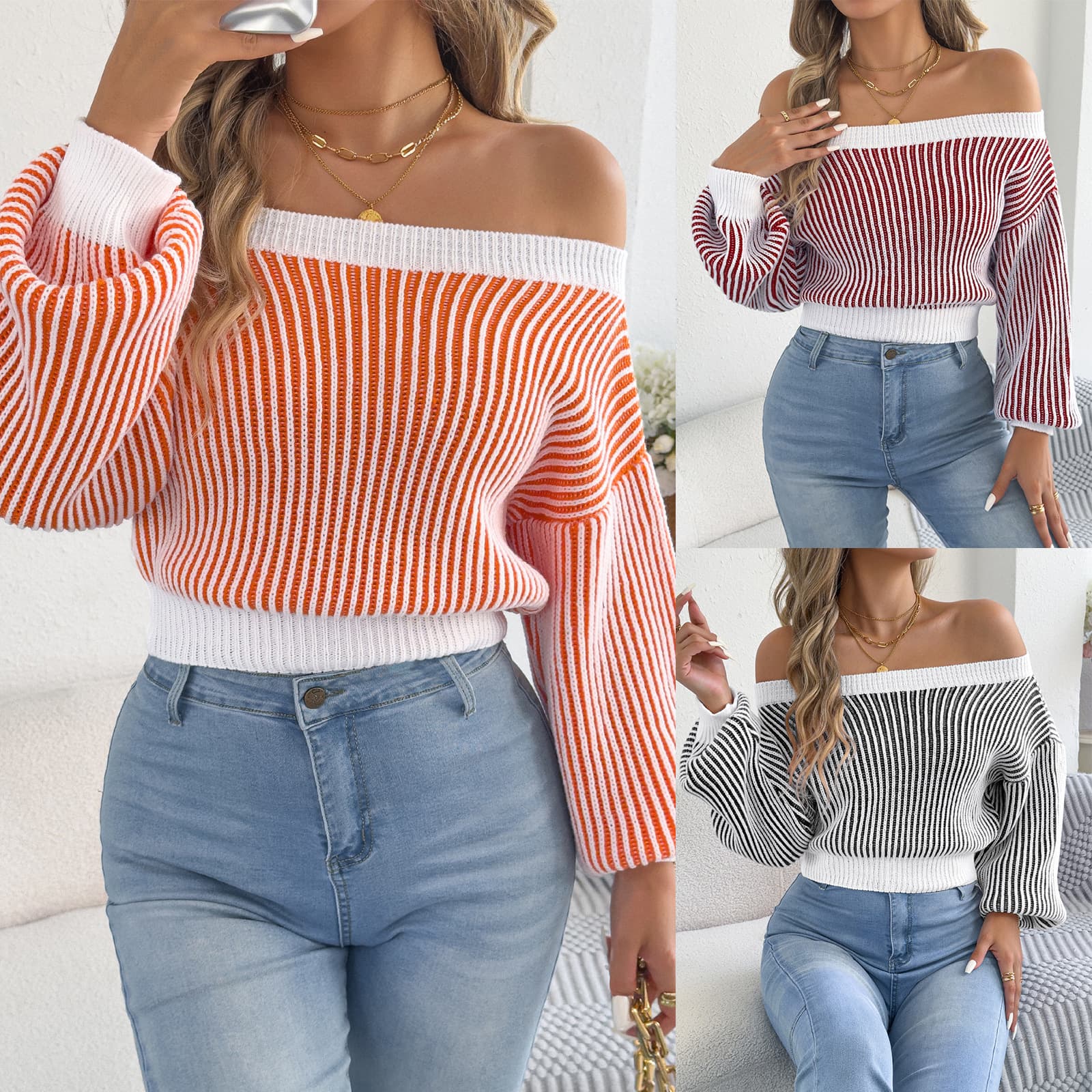 Striped Off-shoulder Sweater With Puff Sleeves And A Fitted Waist