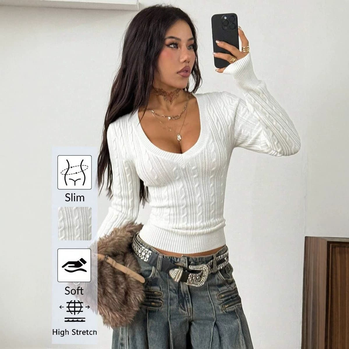Womens White V Neck Long Sleeve Knit Top