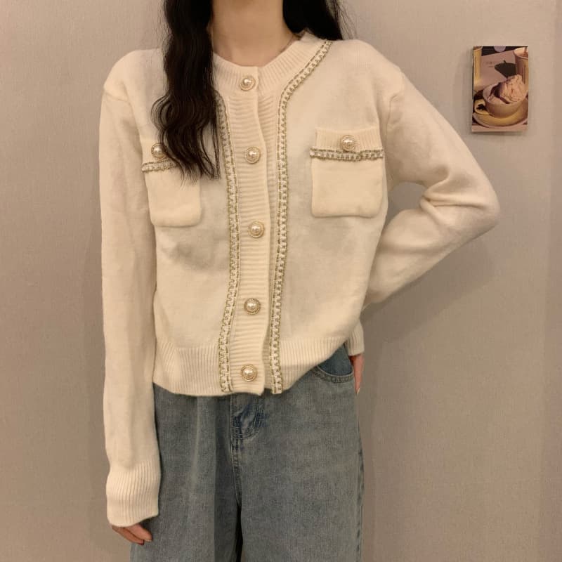 Womens Crew-neck Sweater With Pearl-button Cardigan Jacket