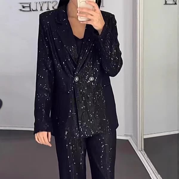 Womens Relaxed-fit High-end Autumnwinter Set With A Starry Sequin Design