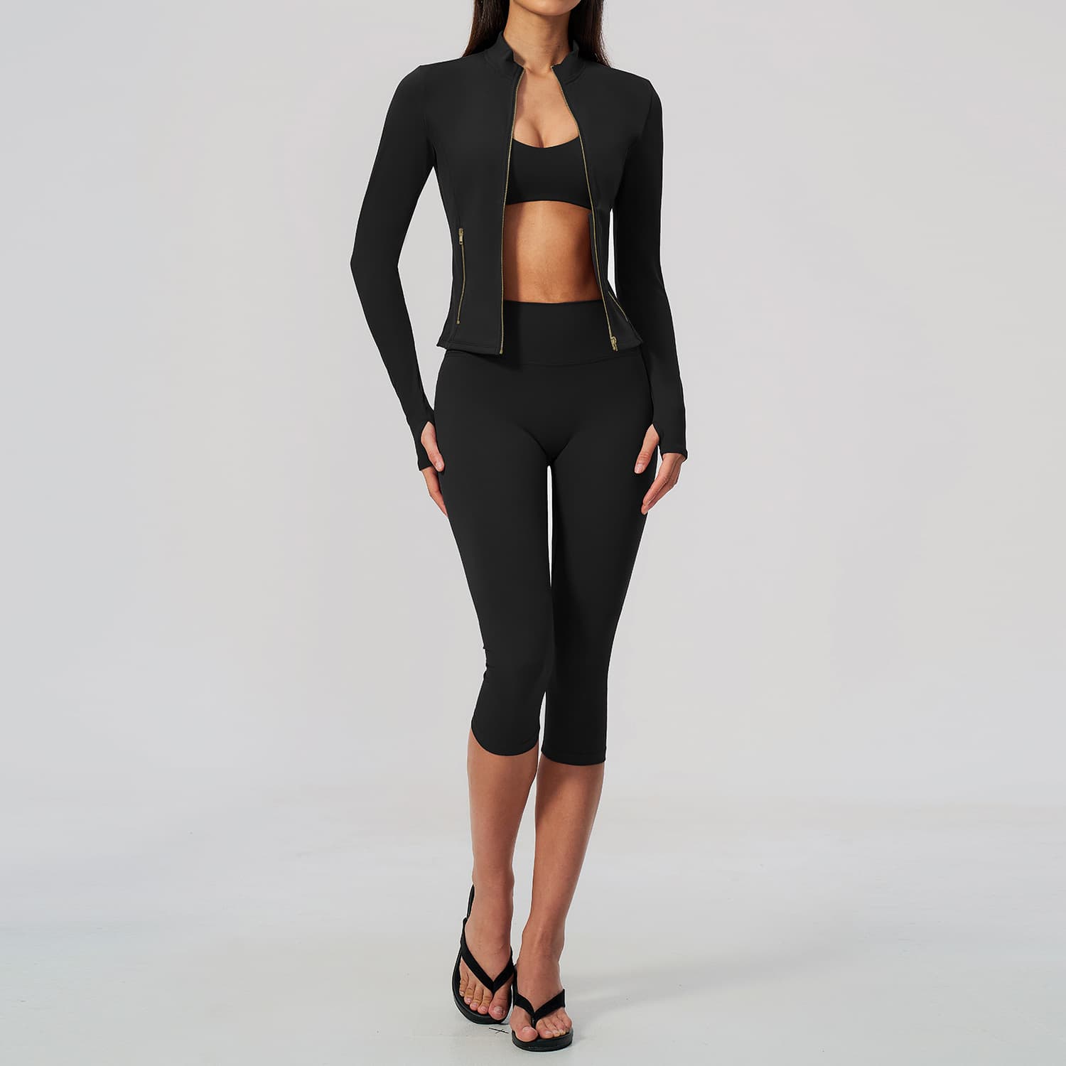 Womens Tight-fitting Waist-cinching Zip-up Slimming Yoga Three-piece Set