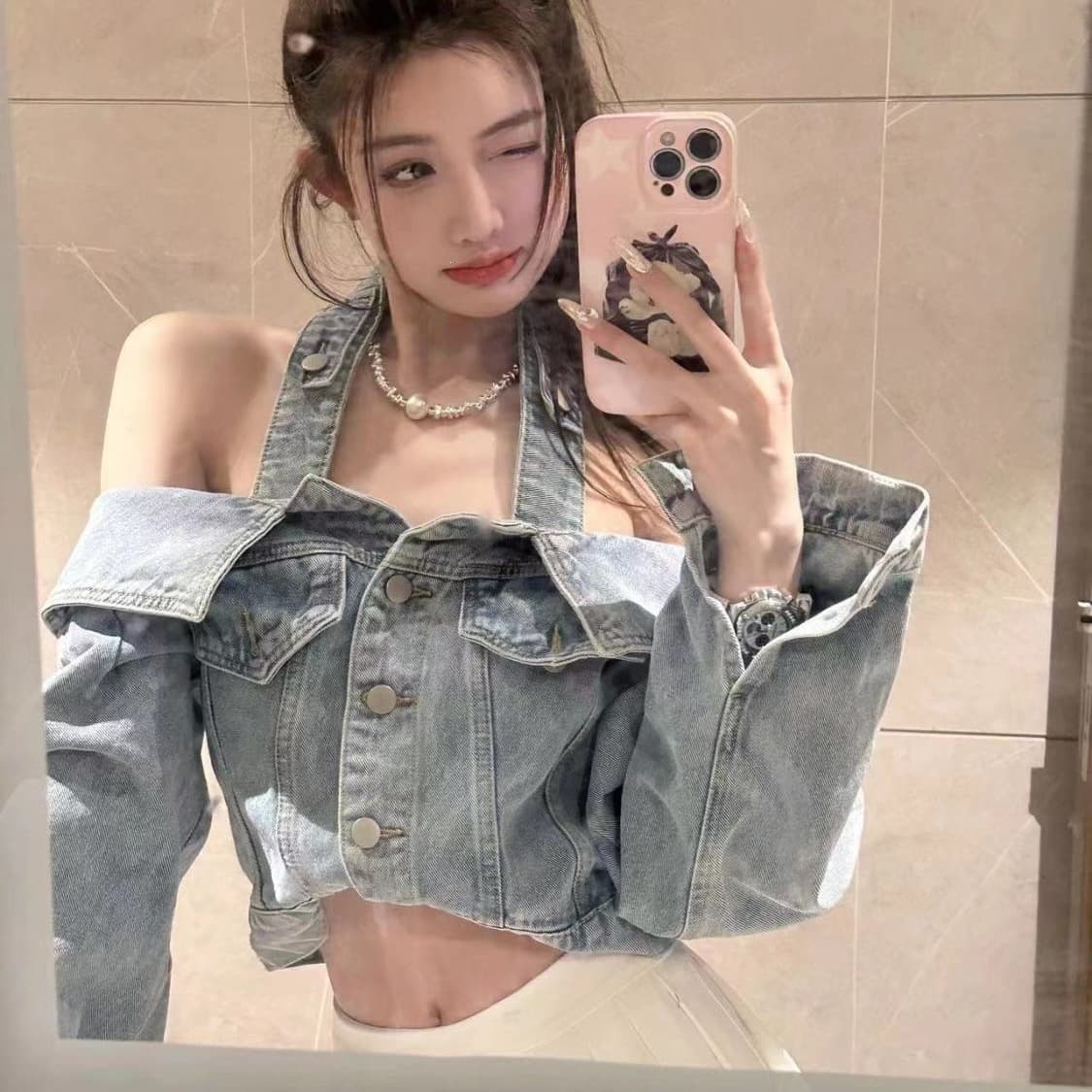 Halter-neck Off-shoulder Denim Short Jacket For Women