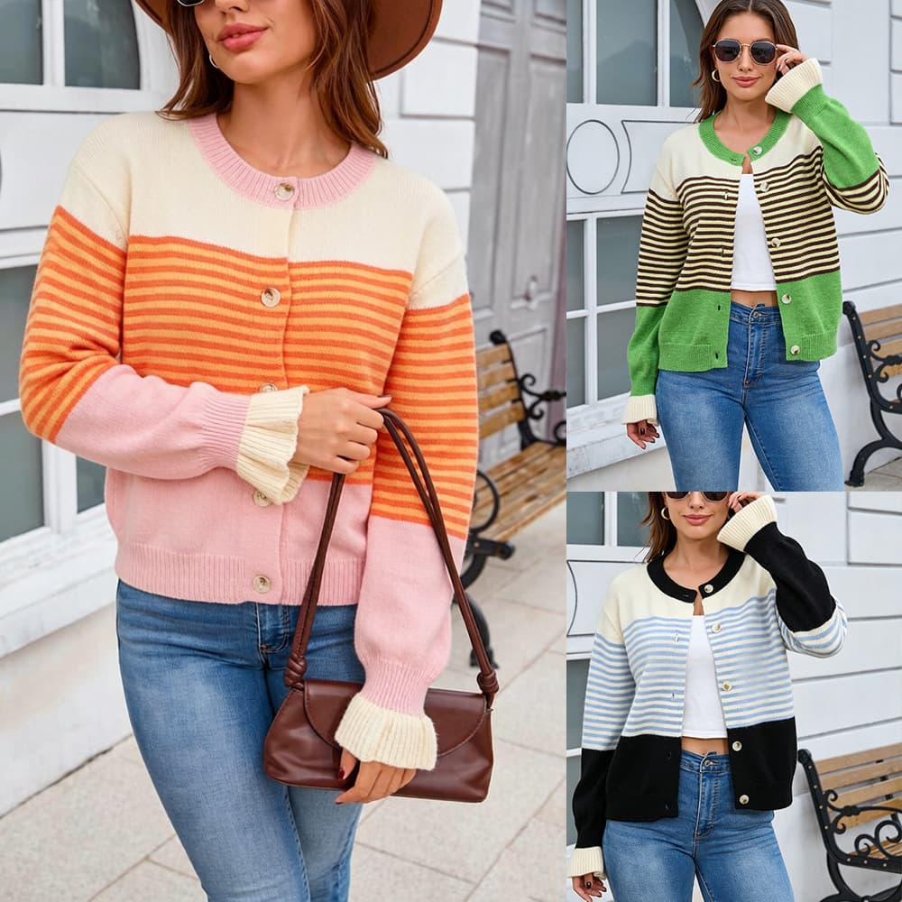 Womens Loose-fitting Versatile Striped Sweater Cardigan With A Crew Neck