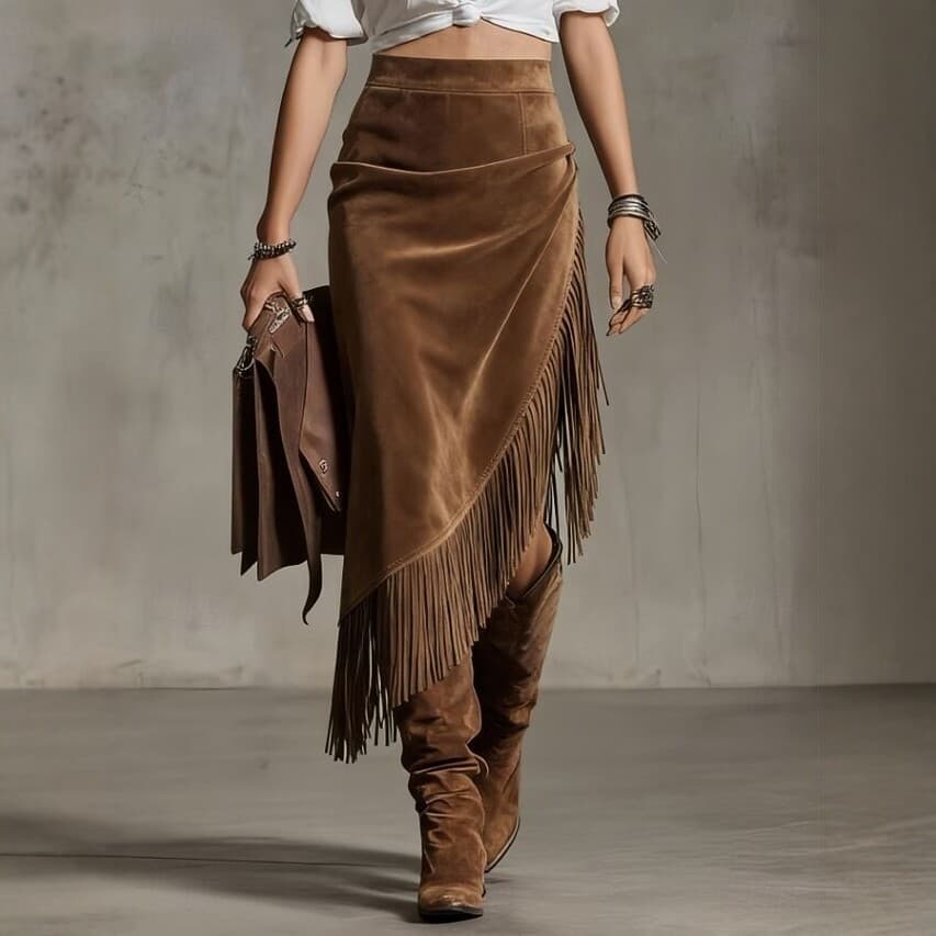 Womens Irregular High-Waisted Suede Fringe Skirt
