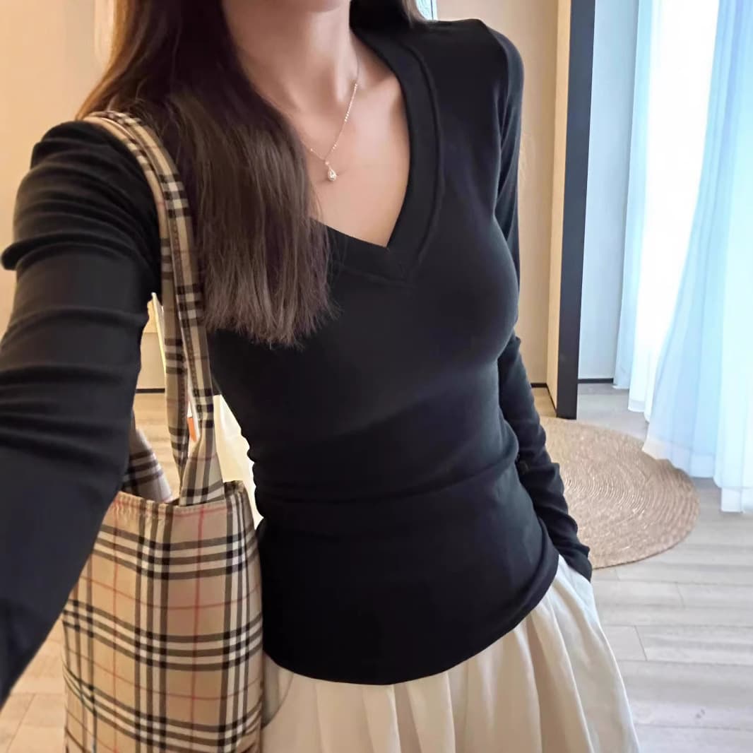 Womens Solid-color Waist-cinching V-neck Long-sleeve Top