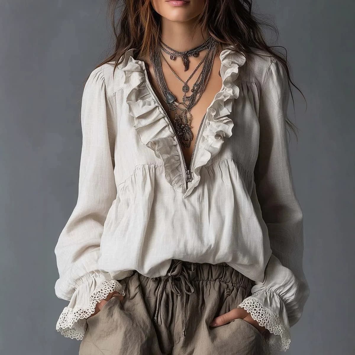 Half-zip V-neck Lace Flared-sleeve Loose-fitting Bohemian Long Sleeve