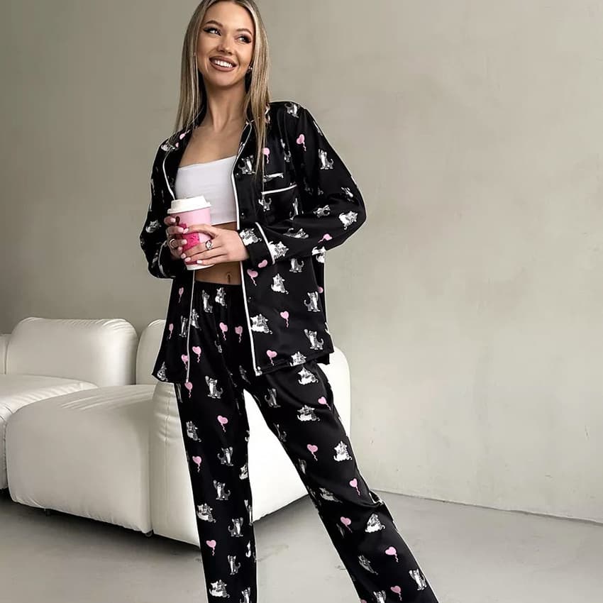 Womens AutumnWinter Cardigan Set Loose-Fit Printed Long-Sleeve Top And Pants