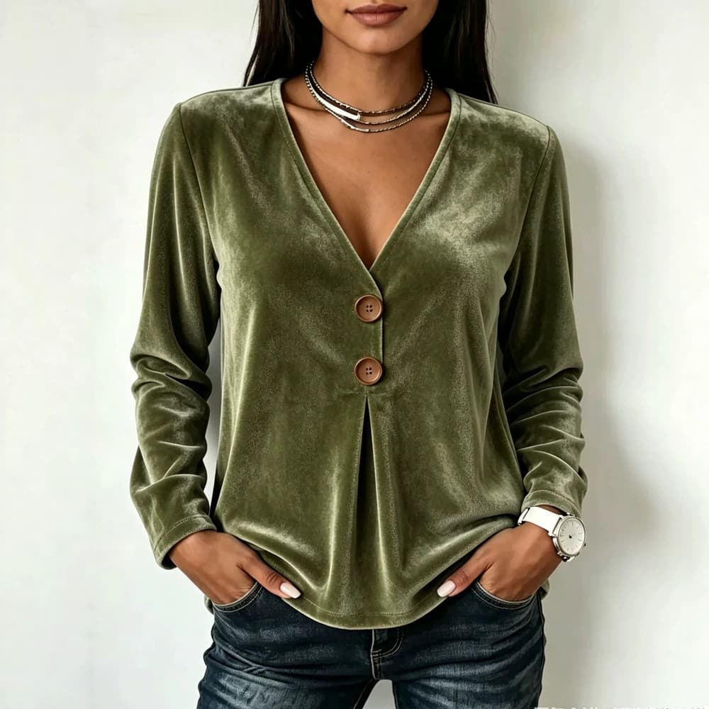 V-neck Velvet Solid-color Long-sleeve Womens T-shirt