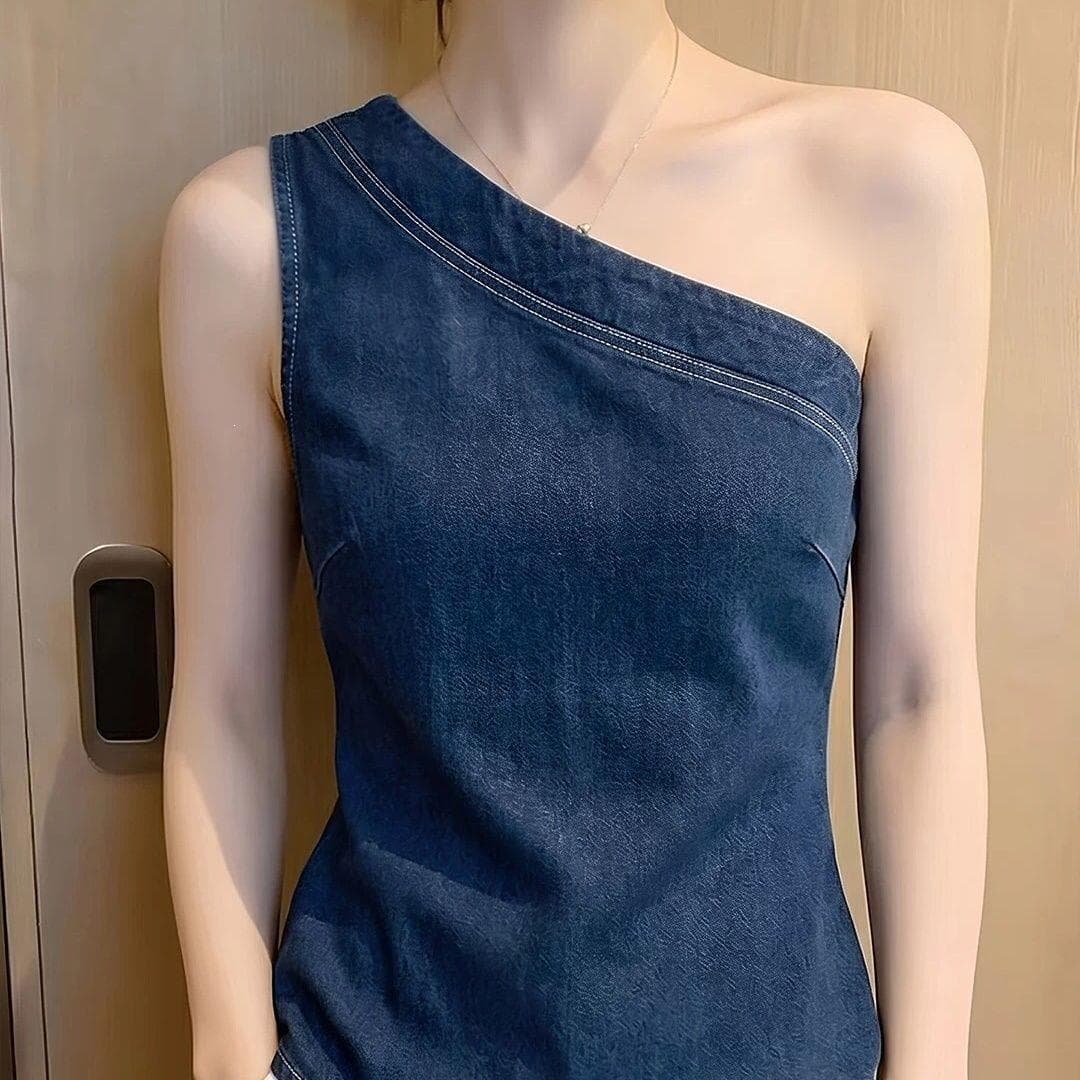 Light-luxury Sleeveless Blue Slim-fit Denim Top New Style