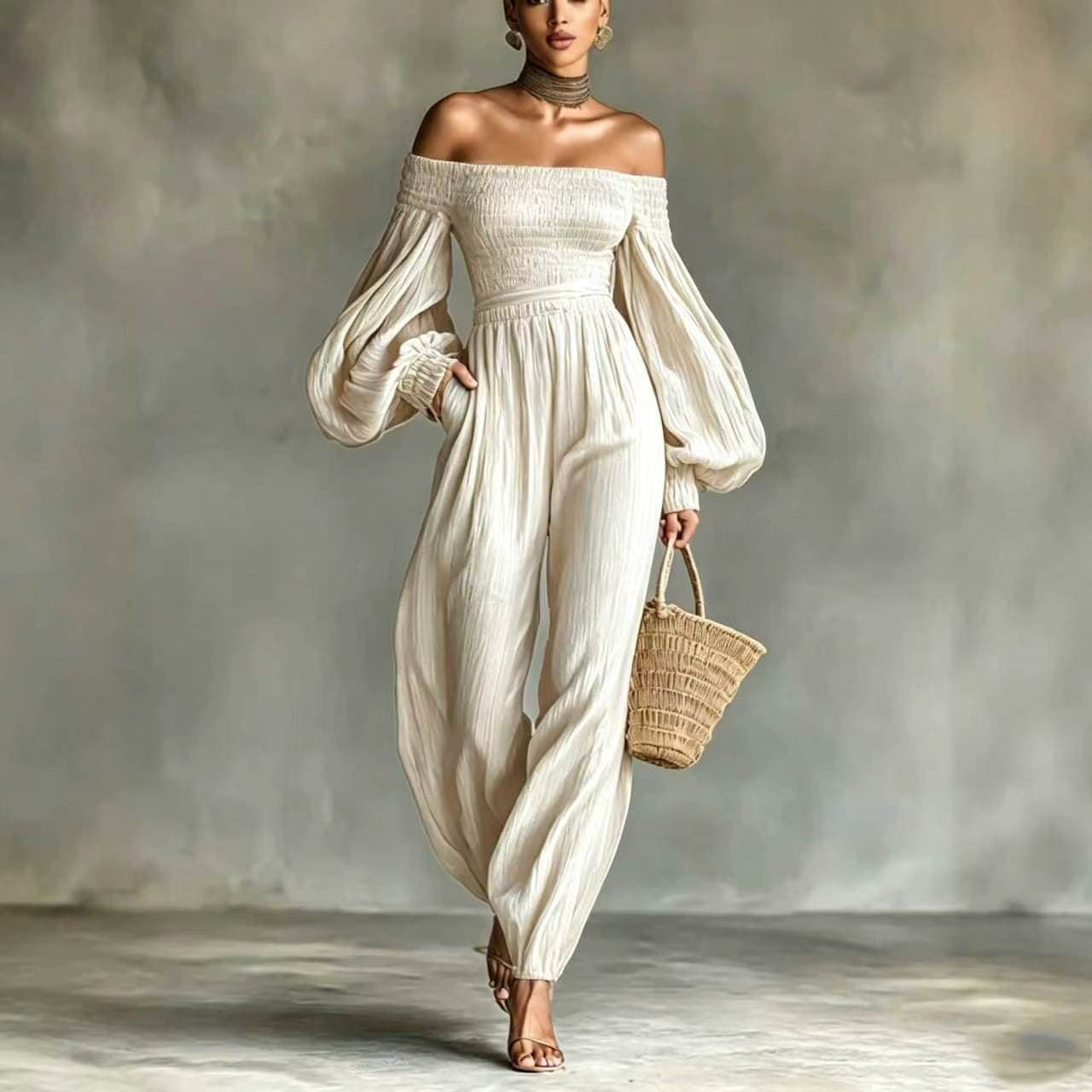 Womens Off-shoulder Long-sleeve Pleated Fabric Patchwork Solid-color Jumpsuit