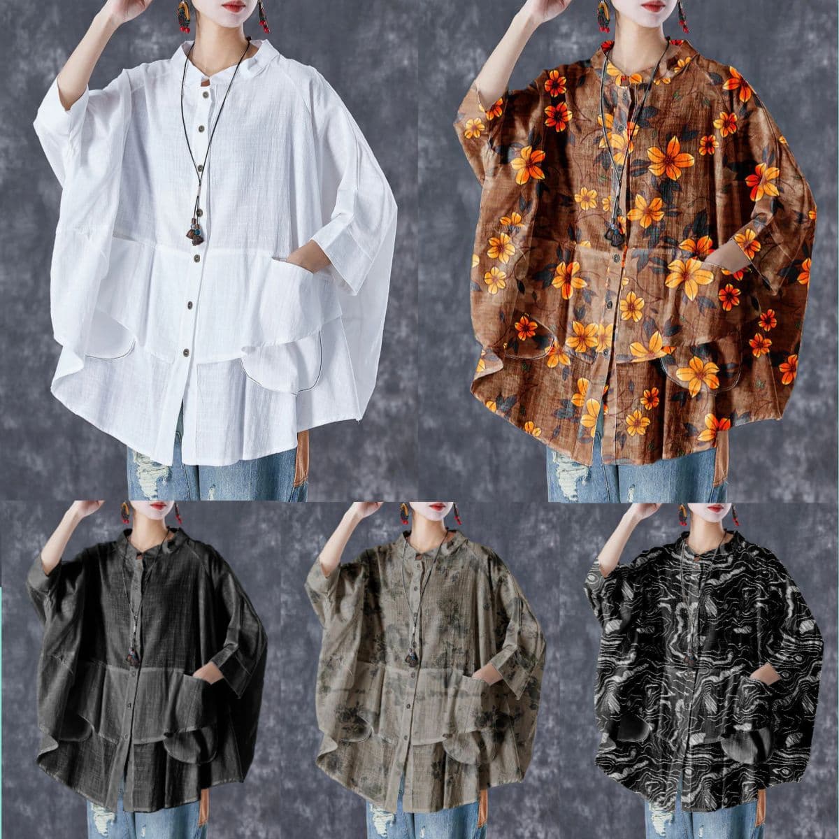 Womens Batwing-Sleeve Loose-Fit Plus-Size Shirt