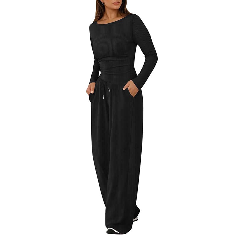 Solid-color Knitted Casual Two-piece Set With Long Sleeves And Long Pants