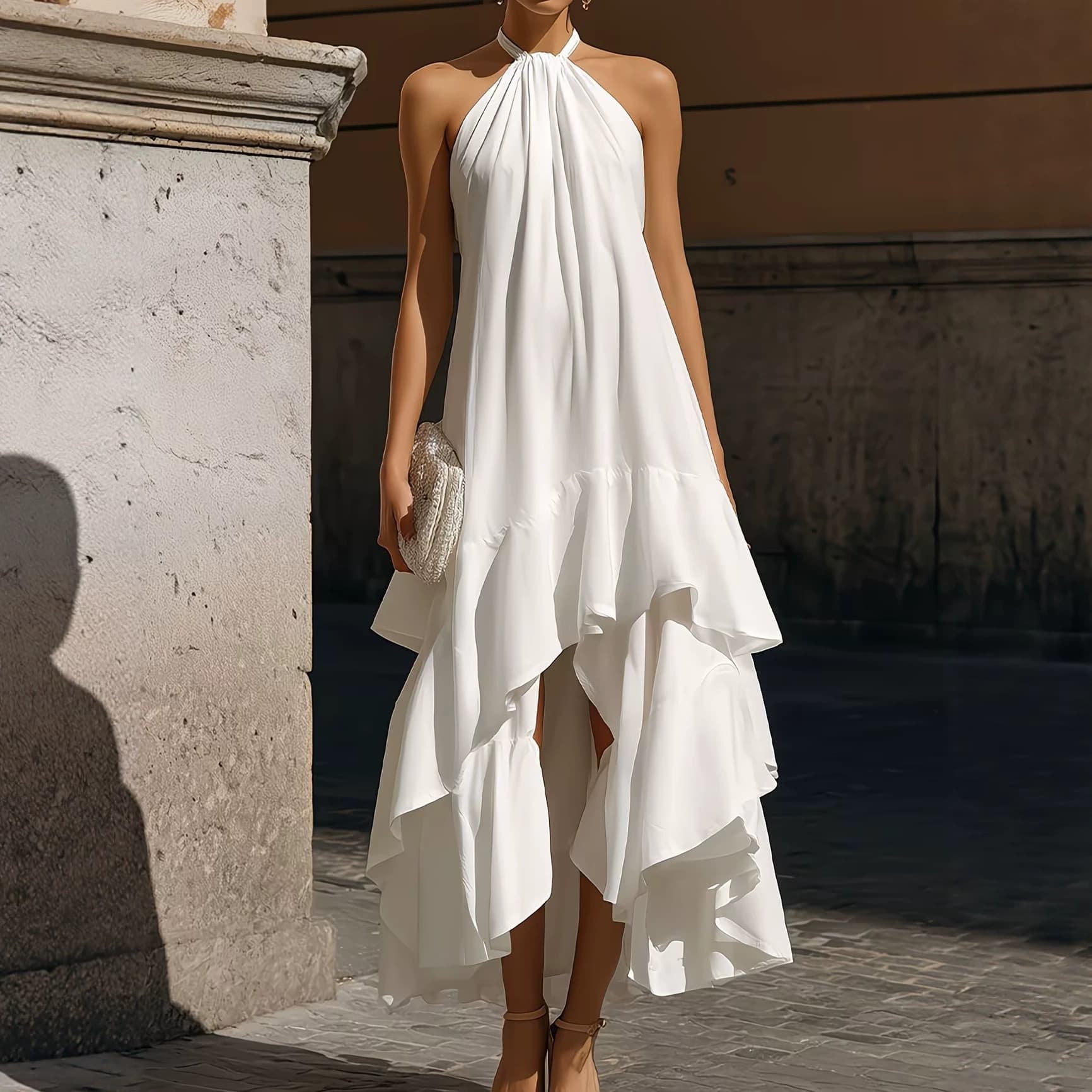 Summer Chic Sleeveless Halter-neck Dress With An Asymmetrical Flounced Hem