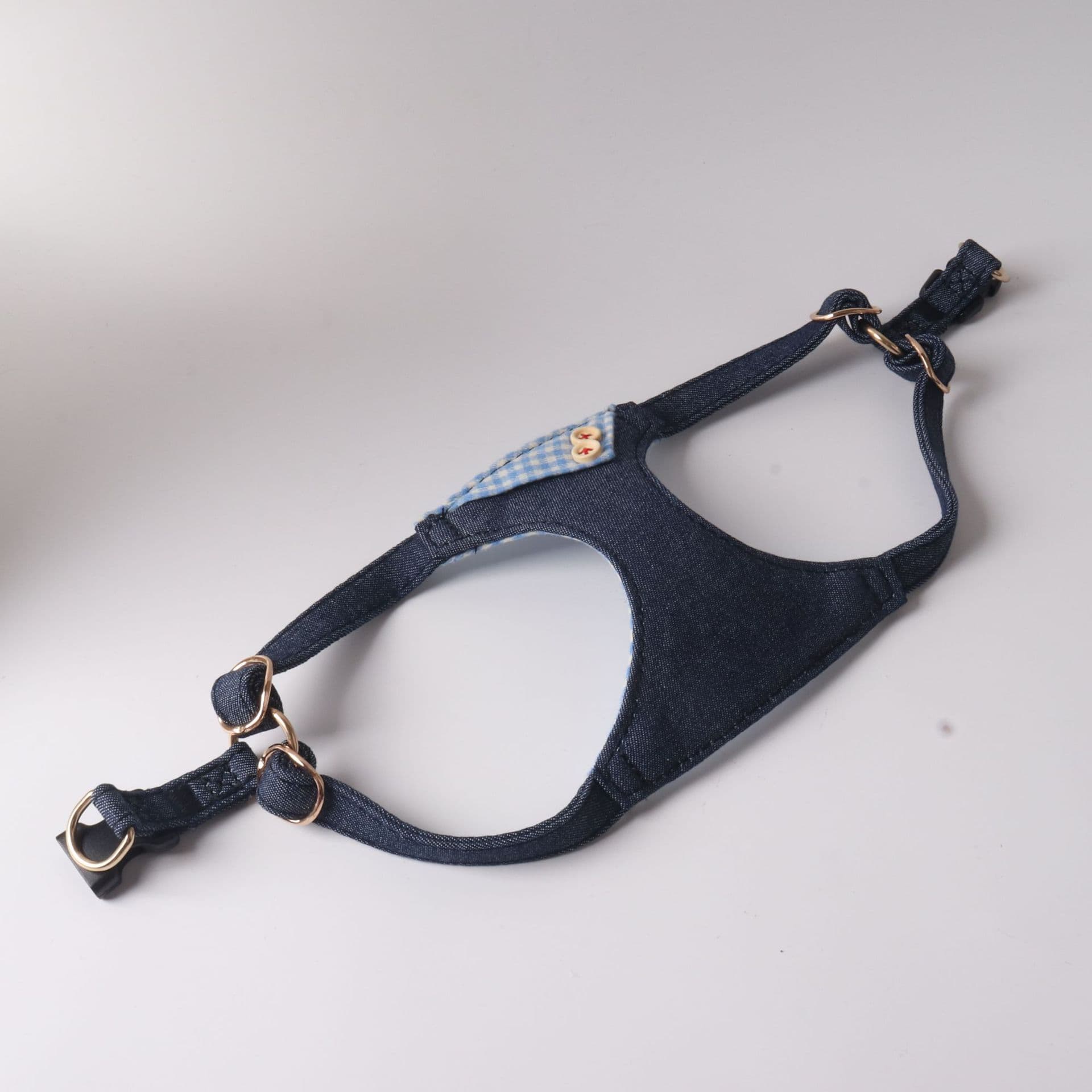 Dark Blue Denim Patchwork Plaid Pet Harness Set