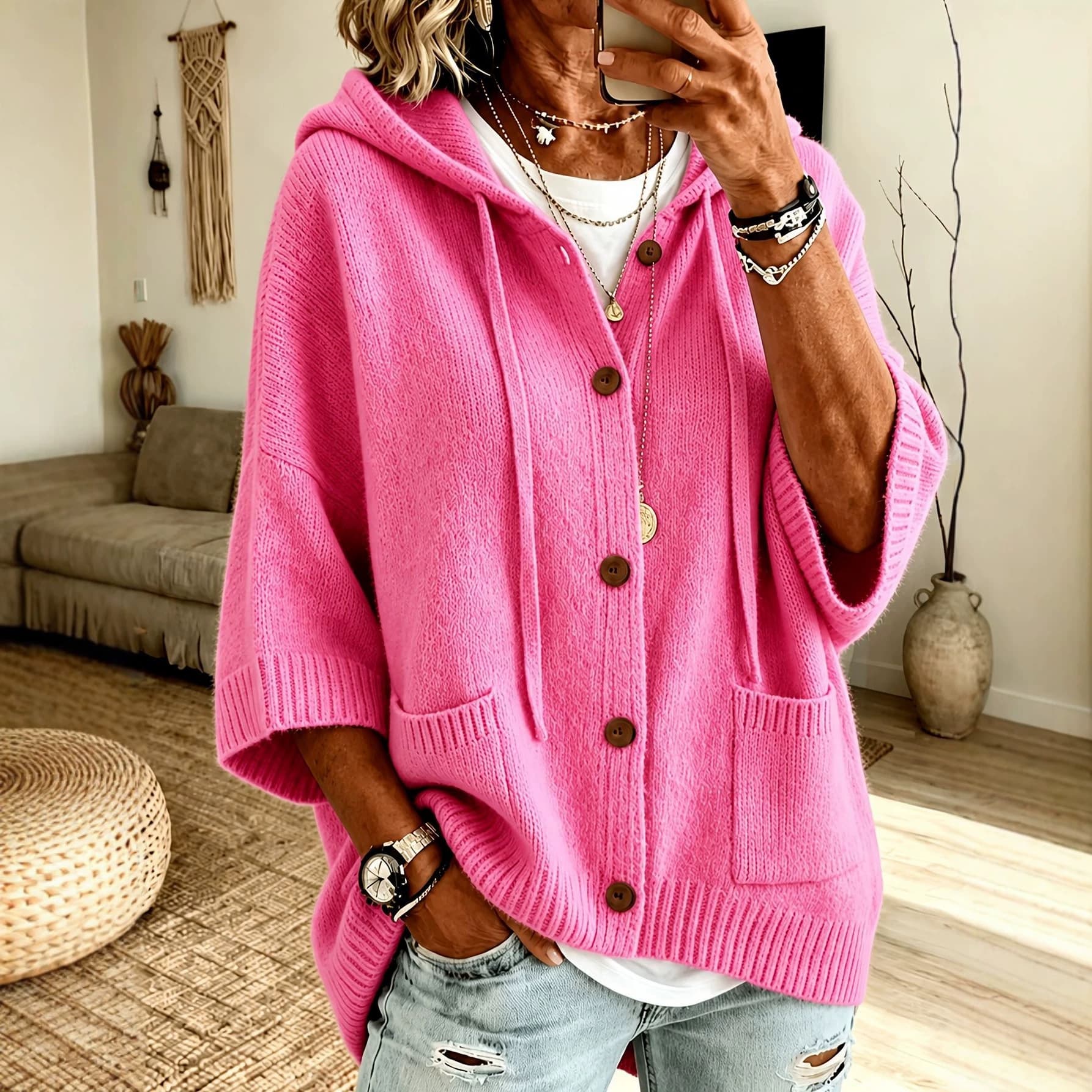 Womens Knitted Hooded Coat With Buttons