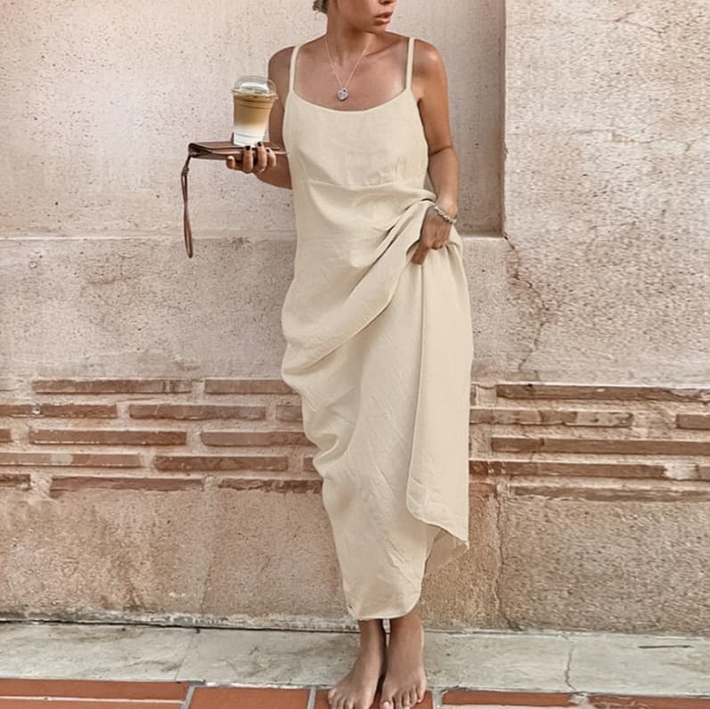 Womens Cotton-linen Strap Backless Dress