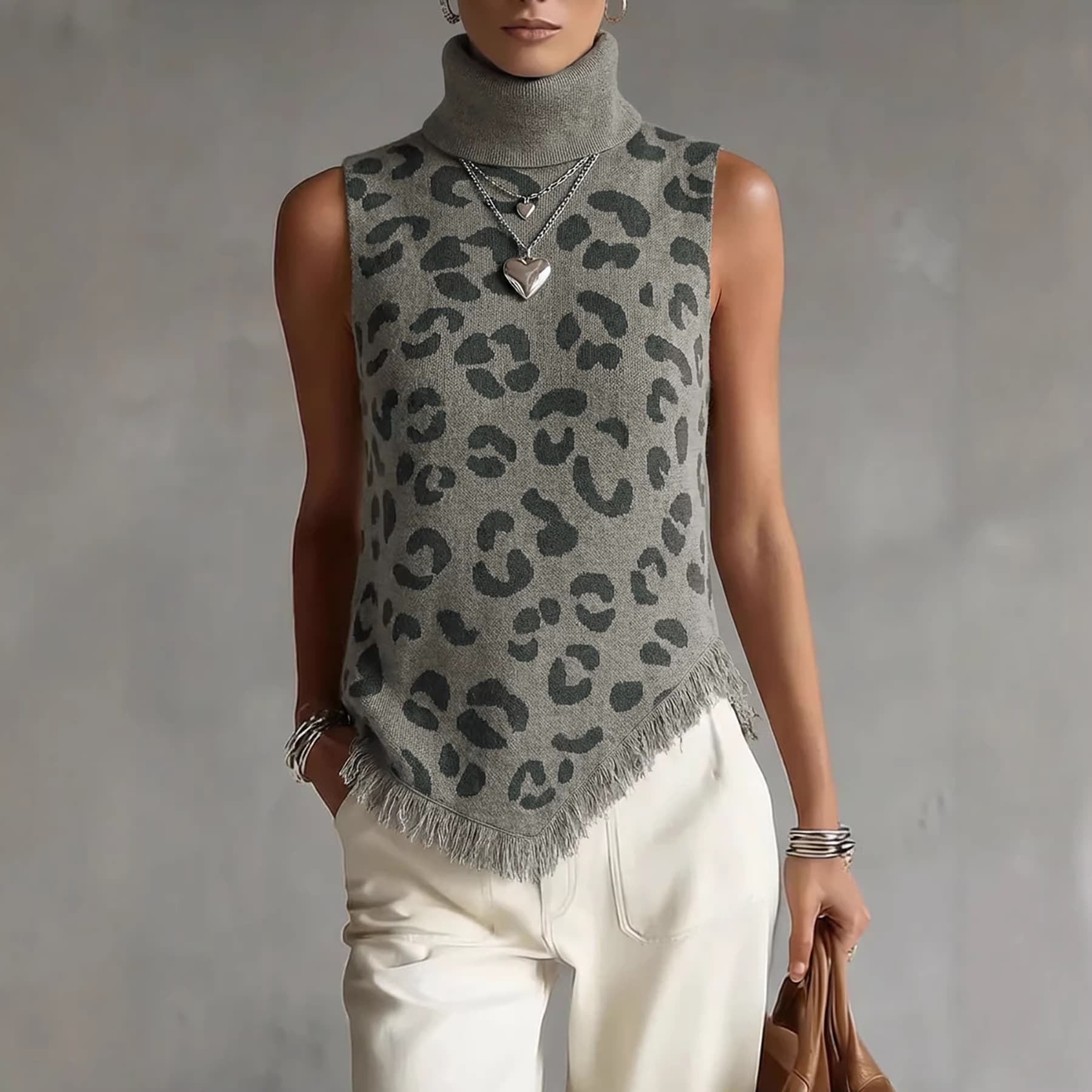 Womens Leopard Print Turtleneck Knit Sleeveless Top