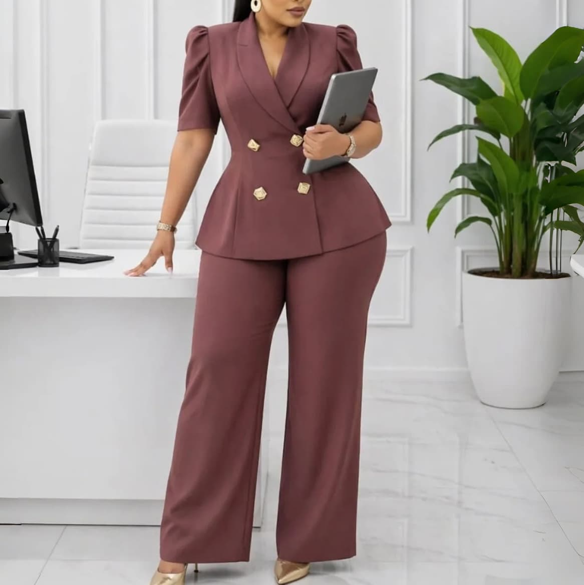 New Womens Short-sleeve Lapel Two-button Set
