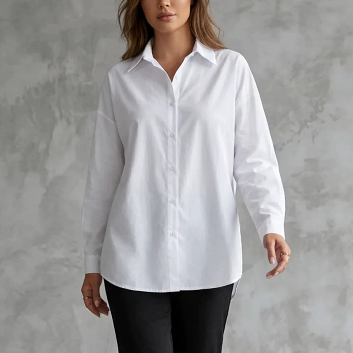 Solid-color Fashionable Loose-fitting Long-sleeve Slit-front Shirt