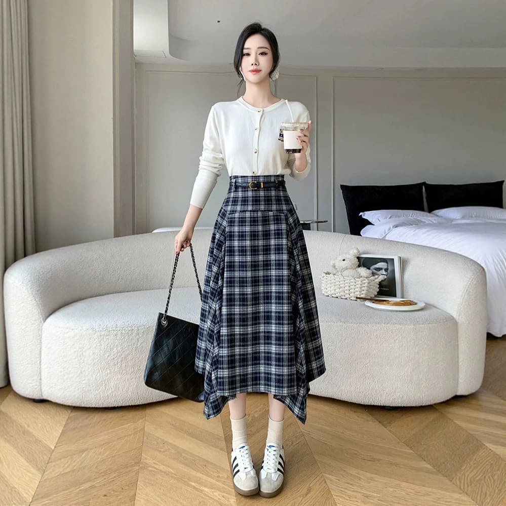 Retro Plaid Asymmetrical Skirt High-waisted A-line Dress