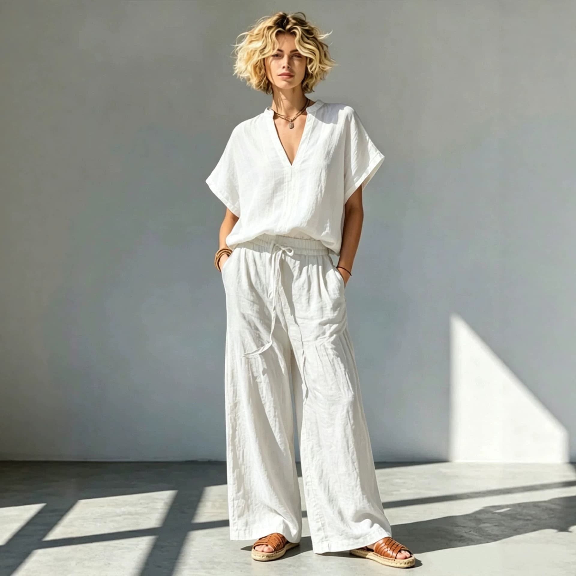 V-neck Short-sleeve Shirt And Wide-leg Pants Set For Women